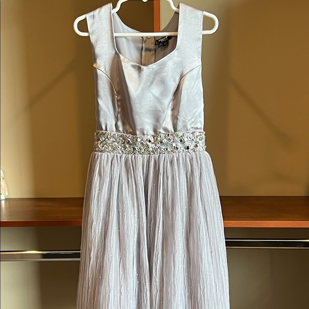 Girls festive dress, Sequine hearts, beautiful glittery gray dress with back tie